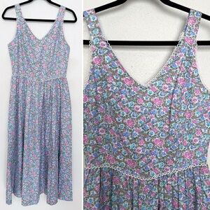 Vintage 70s 80s Prairie Floral Midi Dress Cottagecore Lace Trim Pink Blue USA